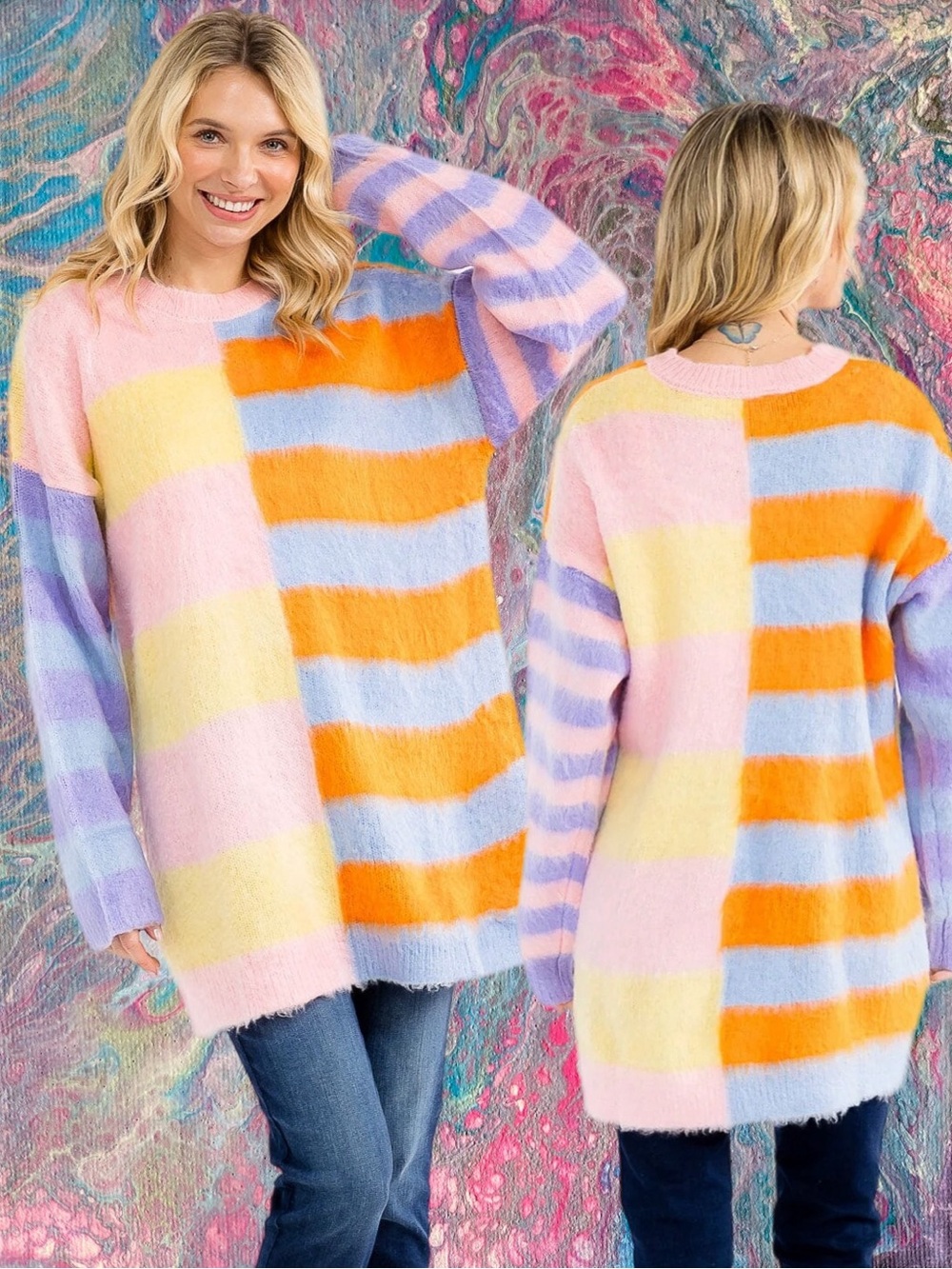 New In | Confetti Horizon Oversized Fuzzy Sweater Butter Yellow Pink New Large